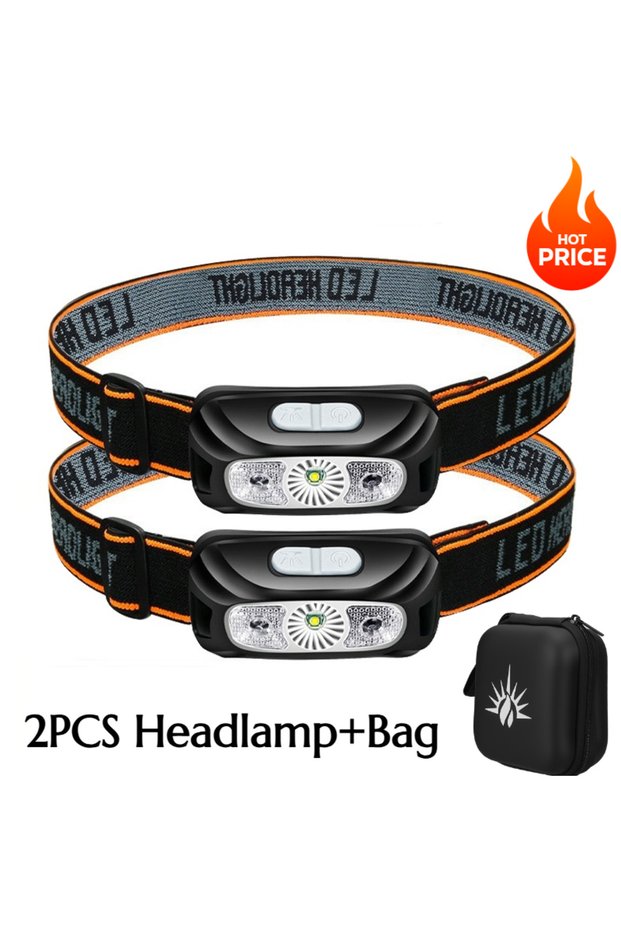 2PCS with bag Strong Light Headlamp Portable LED Sensor Headlamp USB Rechargeable Head Flashlight Ou