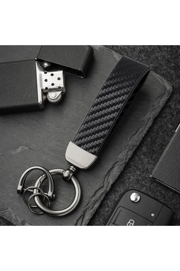 Black Carbon Fiber Leather Keychain, Durable Metal D-ring Car Key Strap with Key Ring