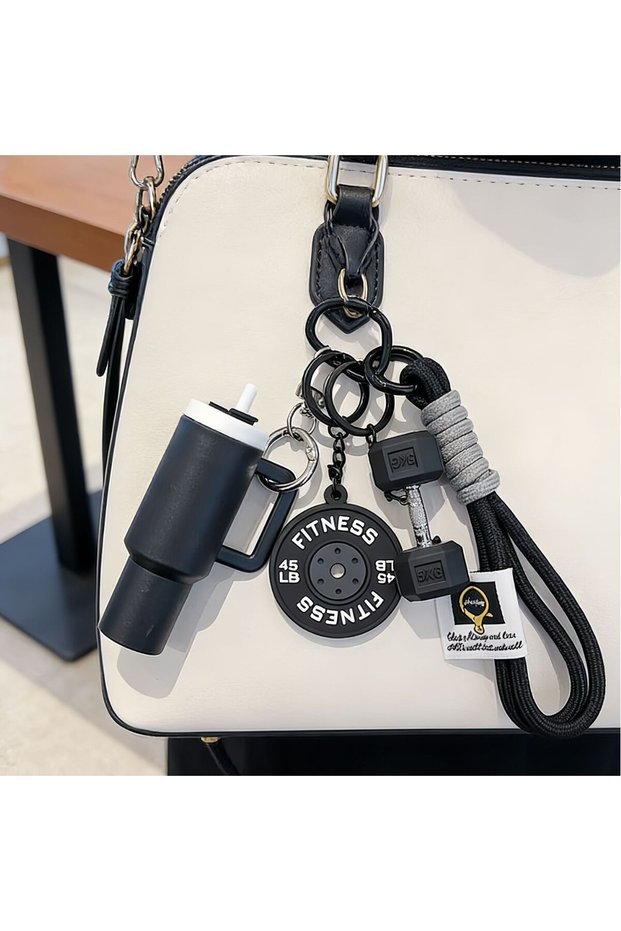 black Water Bottle Fitness Keychain Bag Pendant Ins-Style Dumbbell Bag Charm DIY Accessory Decoratio