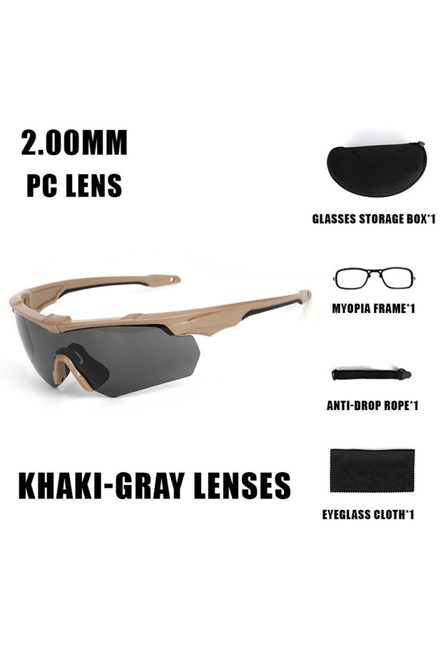KHAKI-GRAY LENS New Outdoor Military 2.0MM Tactical Goggles Windproof Dustproof CS Shooting UV400 Sa