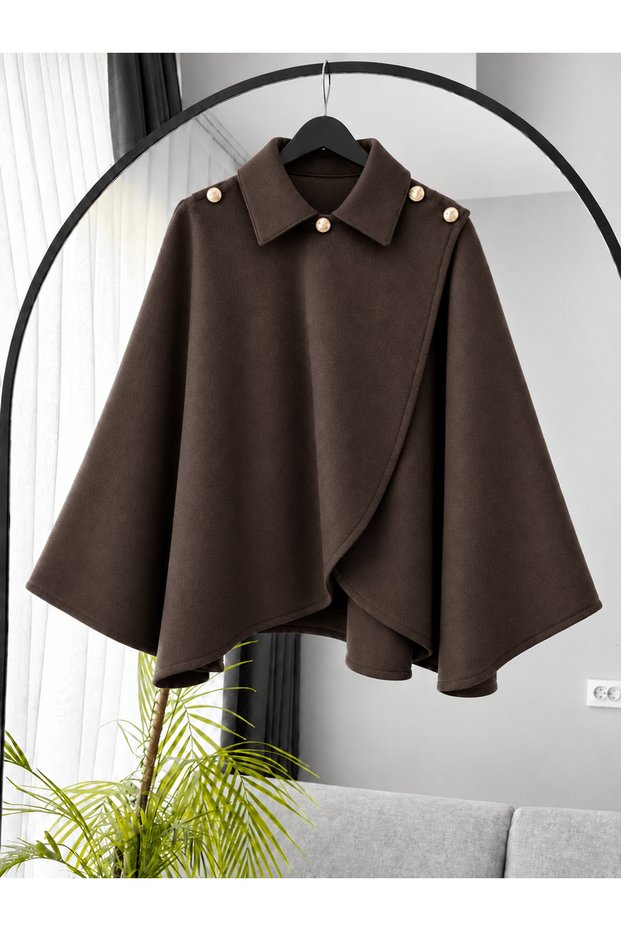 Baby Collar Double Breasted Poncho - 7305 - Bitter Brown