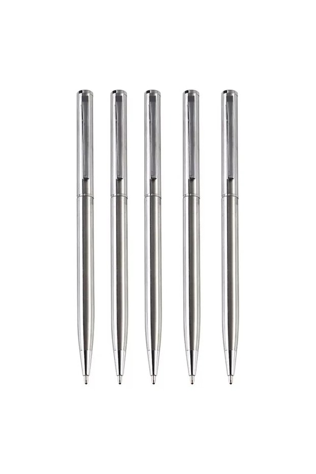 5PCS 1/5PCS Elegant Silver Stainless Steel Ballpoint Pens Medium Nib Twist-Top Smooth Writing Durabl