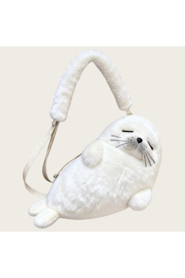 White Soft Fluffy Cute Seal Shoulder Bag Cartoon Lightweight Phone Bag Adjustable Straps Plush Fabri