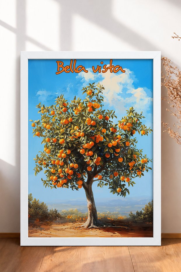 Bella Vista Written Orange Tree Framed Painting Italy Poster Living Room Kitchen Wall Decor Itp052