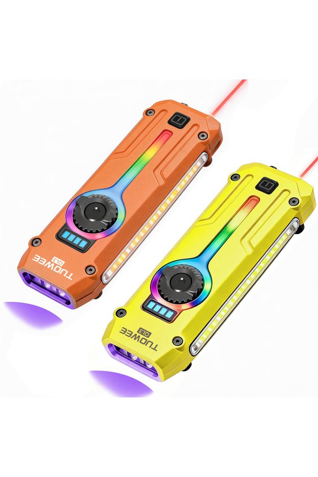 2pcs-orange-yellow Flat EDC Flashlight, Rechargeable Pocket Light with UV Warm White Light, Red Lase