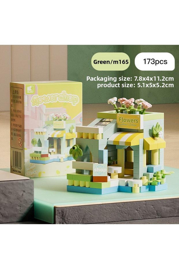 Green Mini City Street View Flower Shop Food House Building Blocks Kit Home Decor Girls Assembly Bri