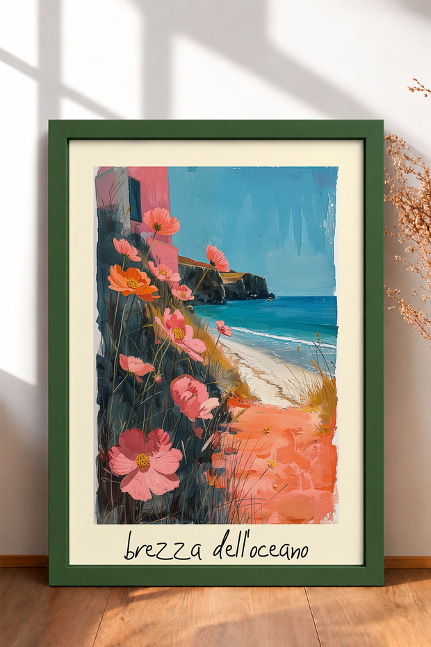 Brezza Dell'Oceano Written Pink Flowers Framed Painting Italy Poster Wall Decor Itp075
