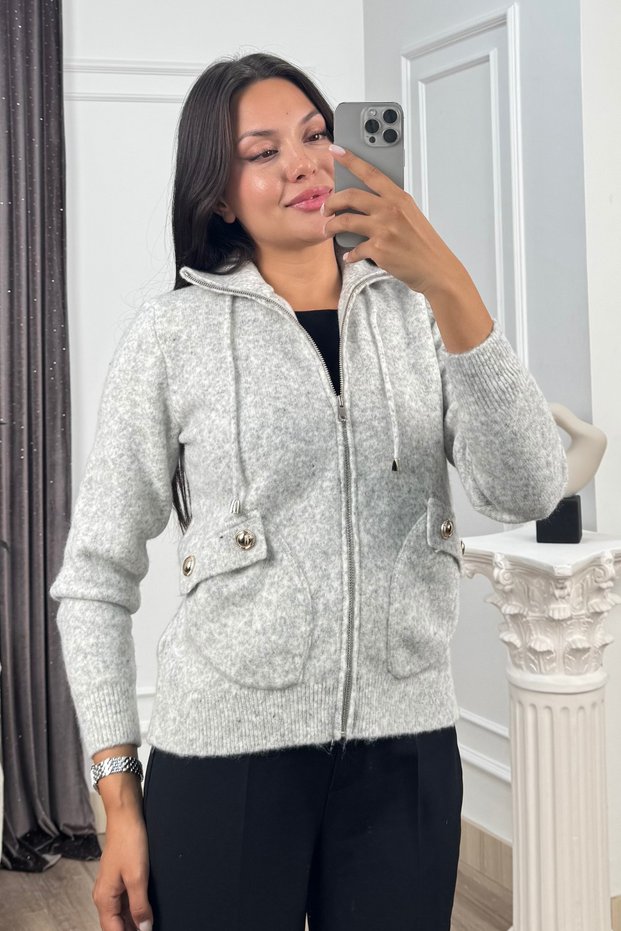 Women's Winter Grey Melange Velour Zippered Turtleneck Knit Sweater 20286