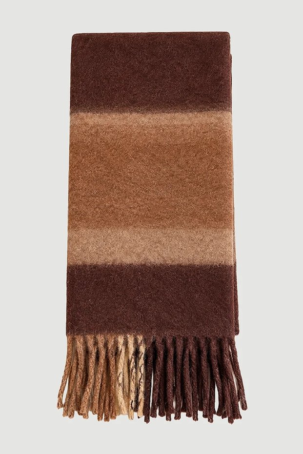Checkered Pattern Tasseled Thick Shawl - Brown