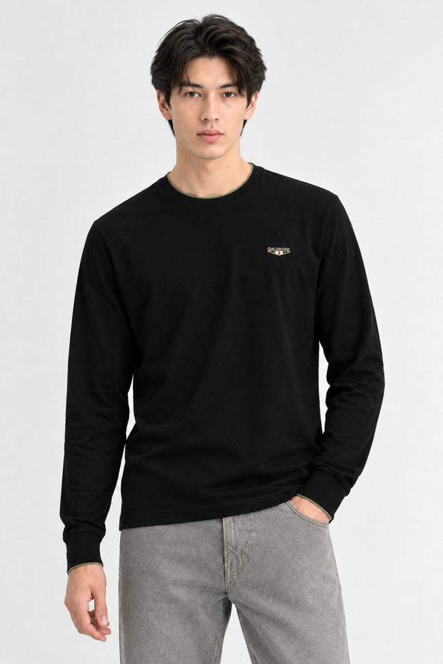 Men's Crew Neck Long Sleeve Black T-Shirt - Yori