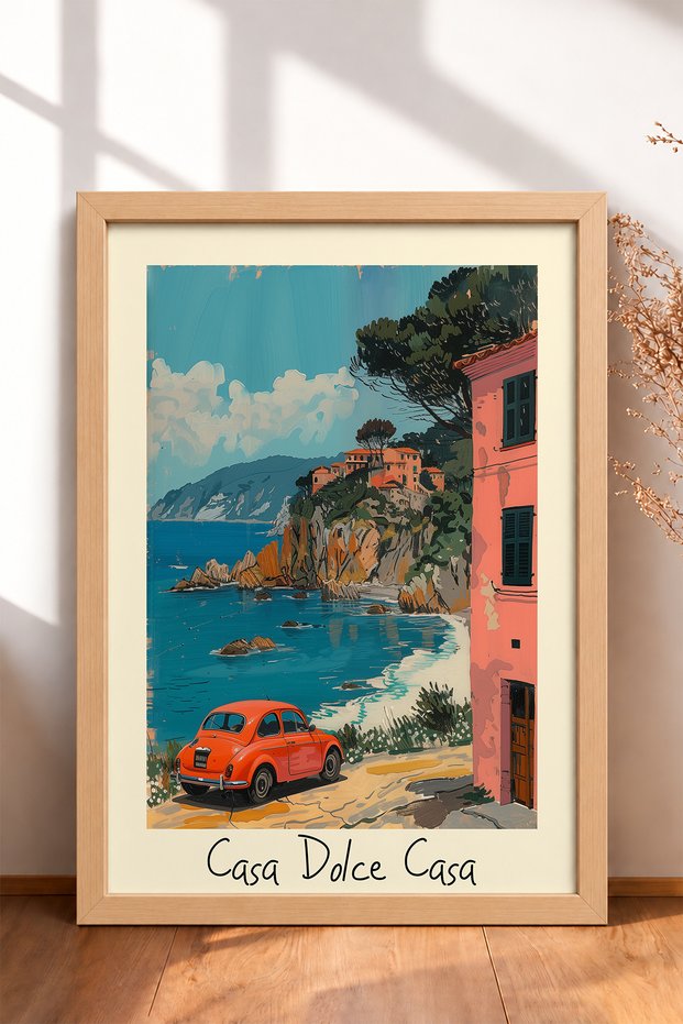 Casa Dolce Casa Pink House and Orange Car Framed Painting Italy Poster Wall Decor Itp079