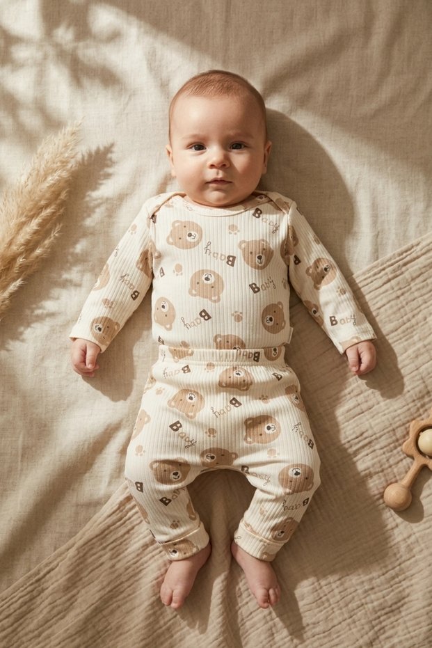 Brown Baby Bear Patterned 100% Double Cotton Baby Boy Set 3-9 Months