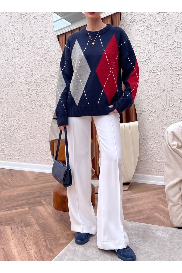 Women's Laci̇ Baklava Patterned Tricot Long Sweater