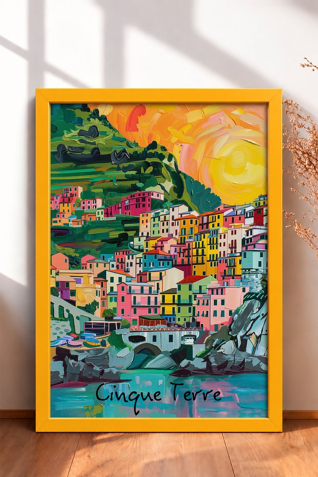 Cinque Terre Sunny Green Hillside Houses Framed Painting Italy Poster Wall Decor Itp077