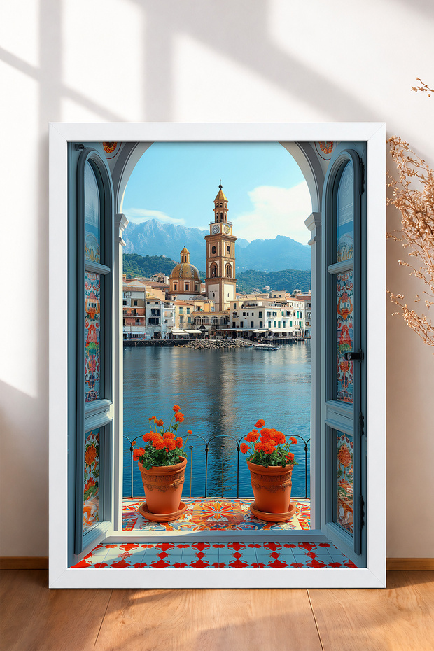 Bell Tower through Tile Window with Shutters Framed Painting Italy Poster Living Room Kitchen Wall Decor Itp068
