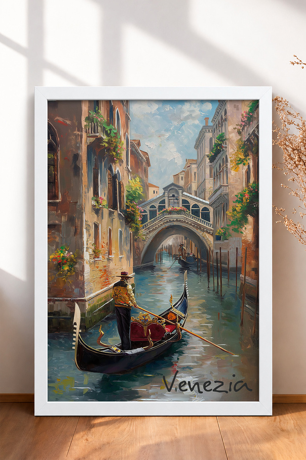 Venice, Gondola and Bridge Framed Painting on Canvas, Italy Poster, Wall Decor, Itp088.