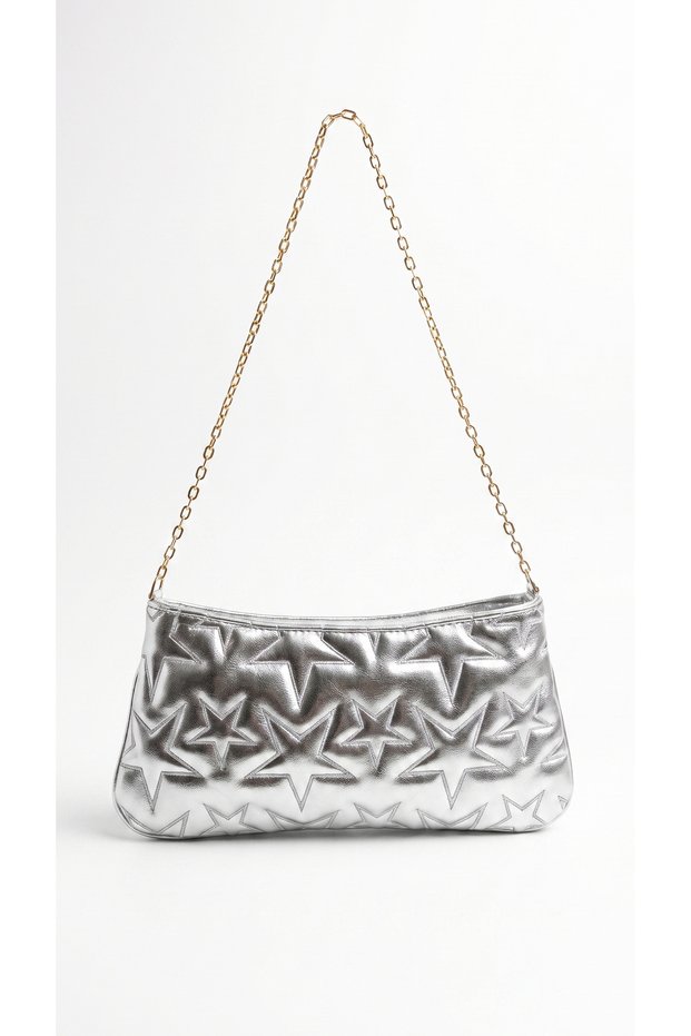 Star Patterned Chain Strap Zippered Hand and Shoulder Clutch Bag