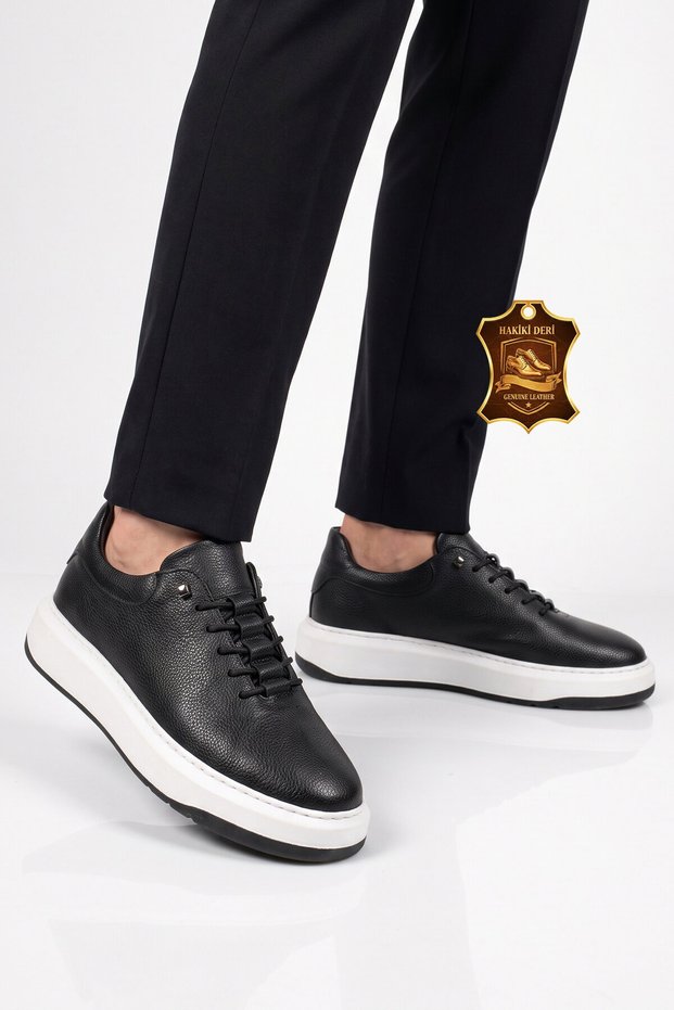 Stylish Comfortable Black-White Genuine Leather Men's Casual Sneaker Shoes with Rubber Laces 272304