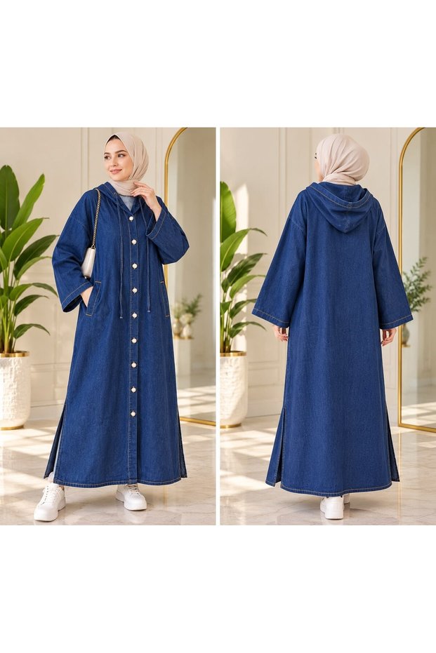 Women's hijab snap detailed side slit hooded cap navy blue