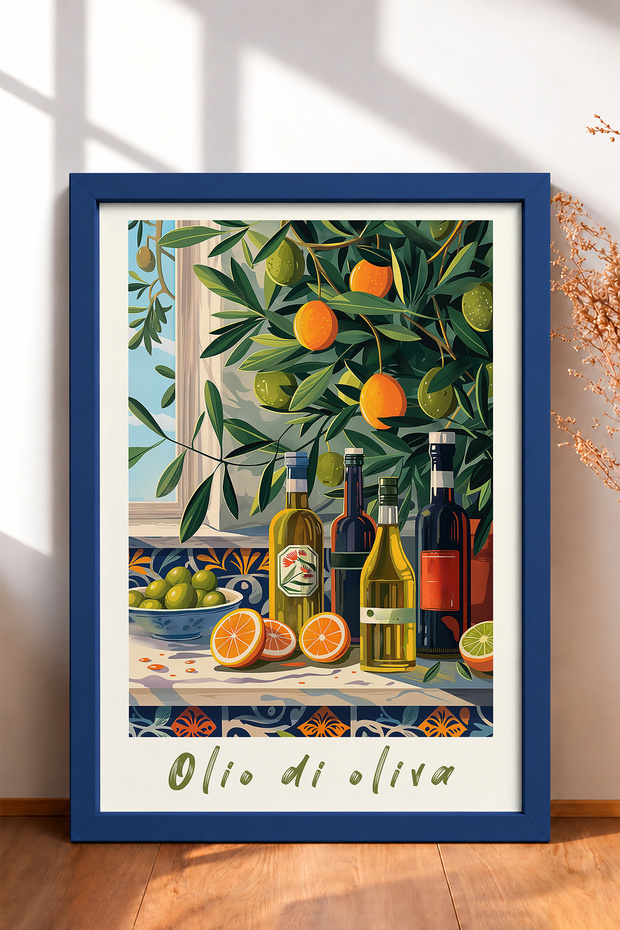 Olio Di Oliva Written Olive Oil Bottles Framed Painting Italy Poster Wall Decor Itp066