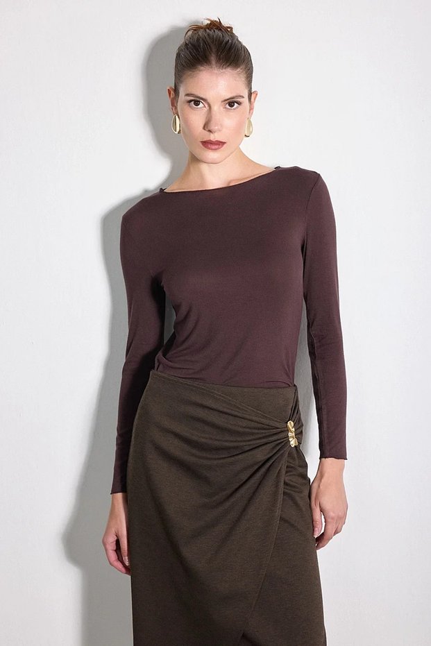 Boat Neck Modal Knitted Blouse - Brown