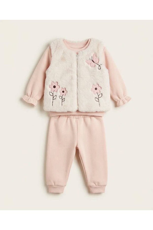 6-24 Months Baby Girl Winter 3-Piece Set – Plush Vest, 3-Strand Hooded Sweatshirt and Sweatpants Newborn Baby Set