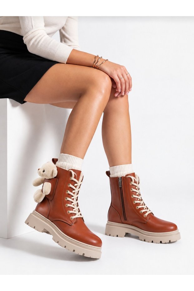 Women's Winter Boots with Plush Lining, Bear Accessories, Zipper, Laces, and Thick Sole, Brown.