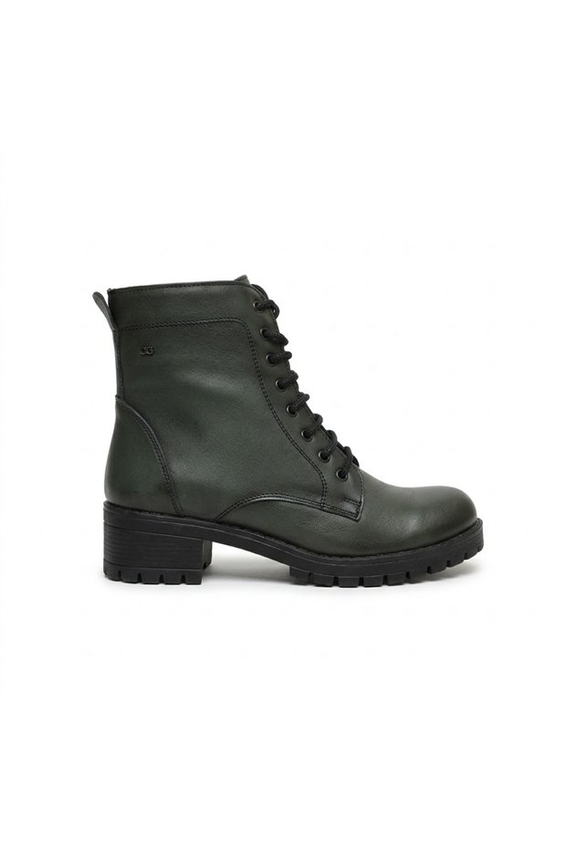 Women's Khaki Green Genuine Leather Lace-Up, Textured, Non-Slip, Chunky Heel Ankle Boots, Everyday Boots.