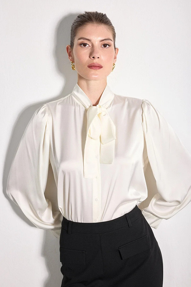 Halter Neck Silky Satin Shirt - Ecru