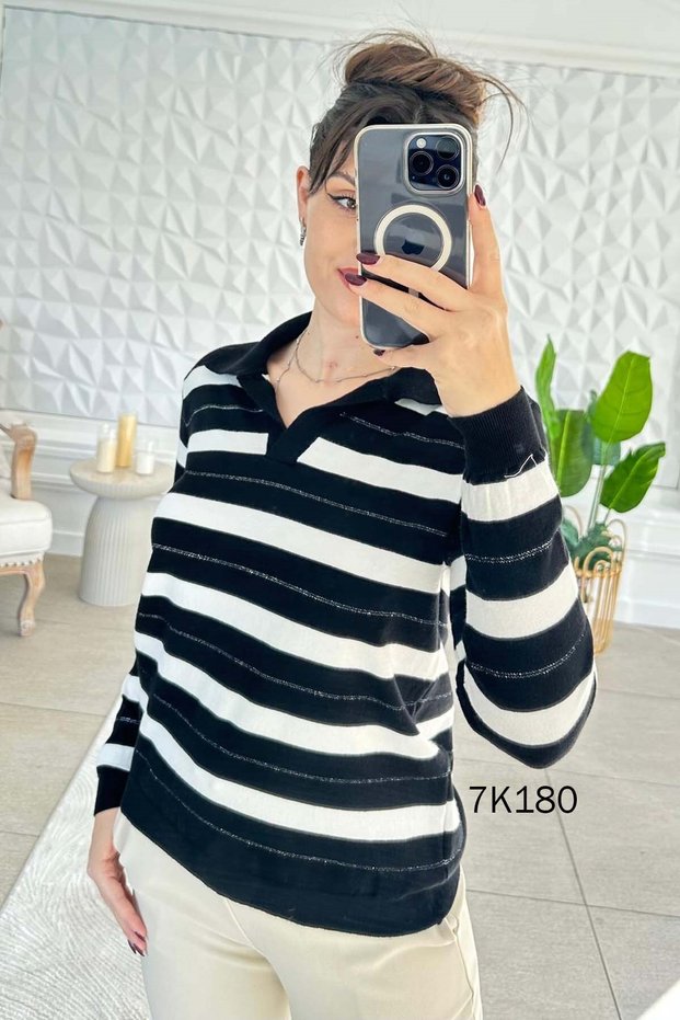 Polo Collar Striped Glitter Knit Blouse 7K180