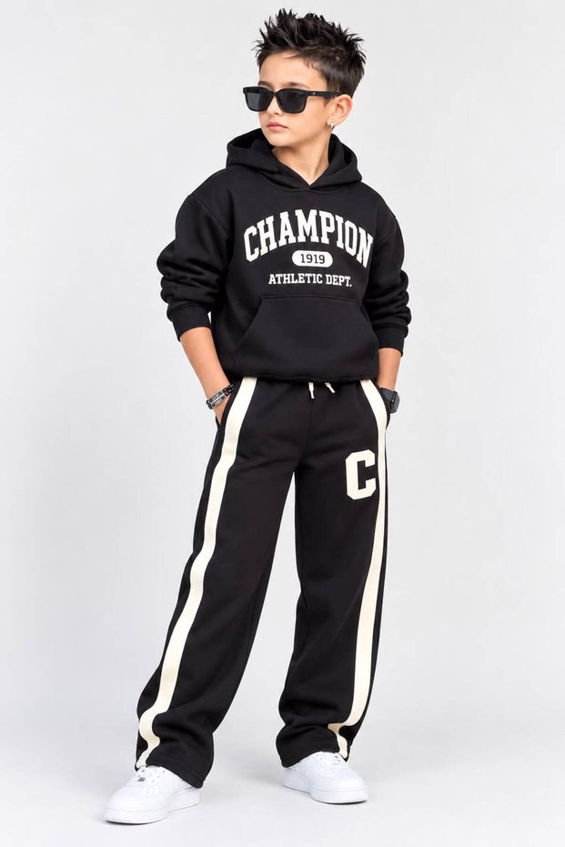 Boy's Hooded Sweatshirt with 3 Strands of Yarn and Striped Sweatpants, Loose Fit