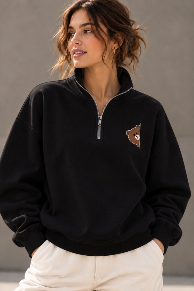 Cute Bear-Printed Half-Zip Sweatshirt with a Stand-Up Collar.