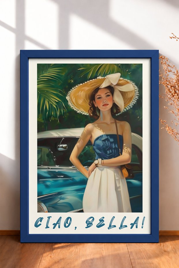 Ciao Bella Classic Car and Woman with Hat Framed Poster, Italy Poster, Wall Decor, Itp090.