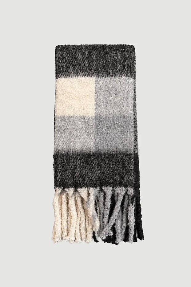 Plaid Patterned Thick Large Shawl with Tassels - Black