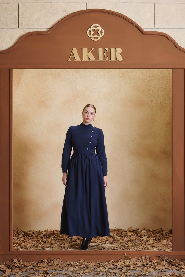 Navy Blue Dress with Patterned Details and a Drawstring Waist.