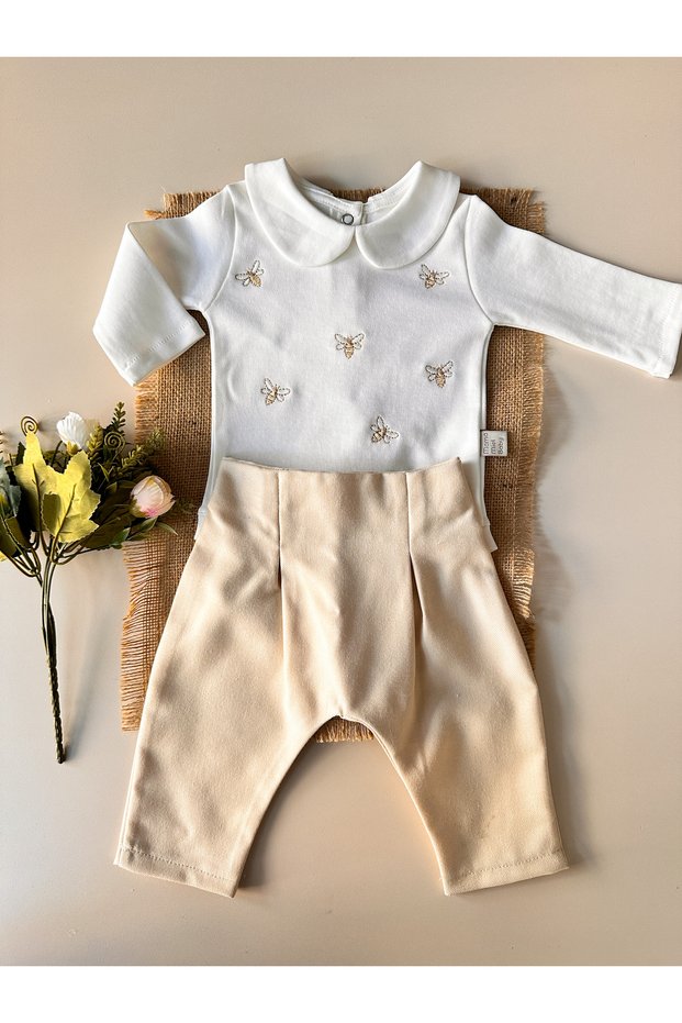 Bee Embroidered Long-Sleeved Bodysuit and Latte-Colored Pants Set