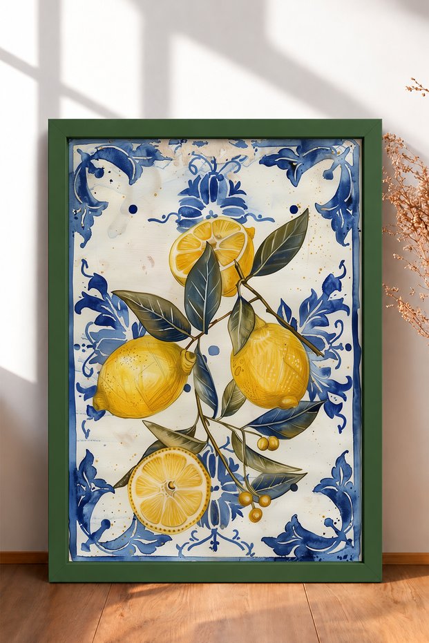 Blue Tile Border with Lemon Branch Frame, Italian Poster, Living Room and Kitchen Wall Decor, Itp111.