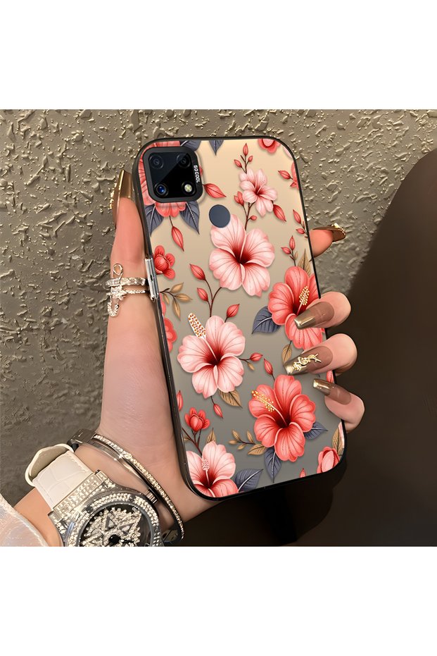 Pink Protective Case with a Large Floral Print, Compatible with Realme C15/C25/C25S, Provides Impact Protection.