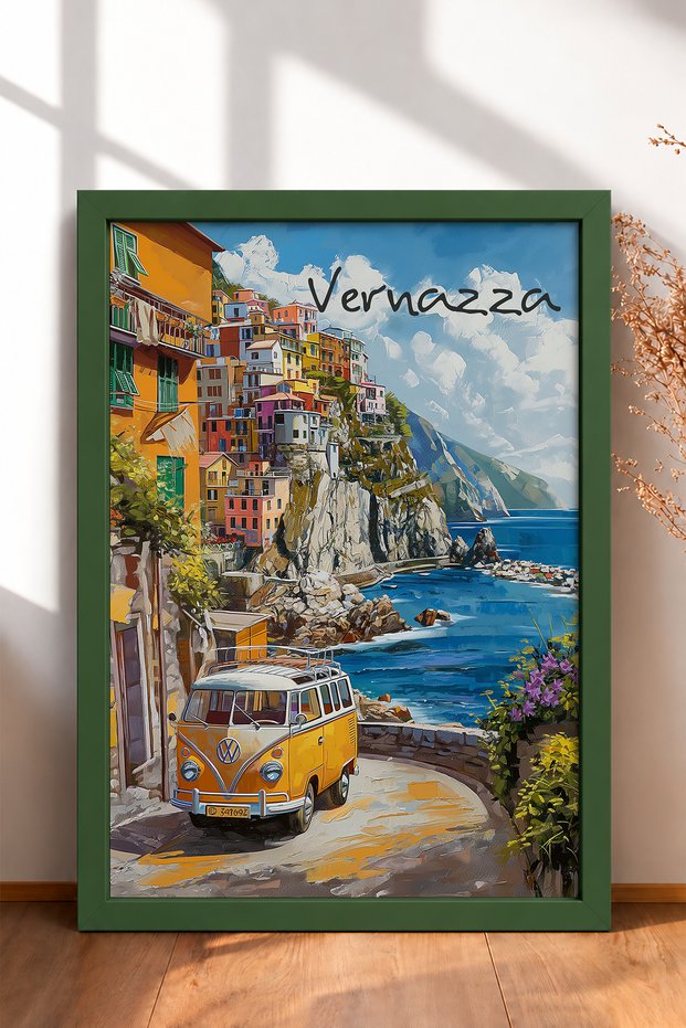 Vernazza Coastal Road, Yellow Minibus Framed Painting, Italy Poster, Living Room, Kitchen, Wall Decor, Itp098.