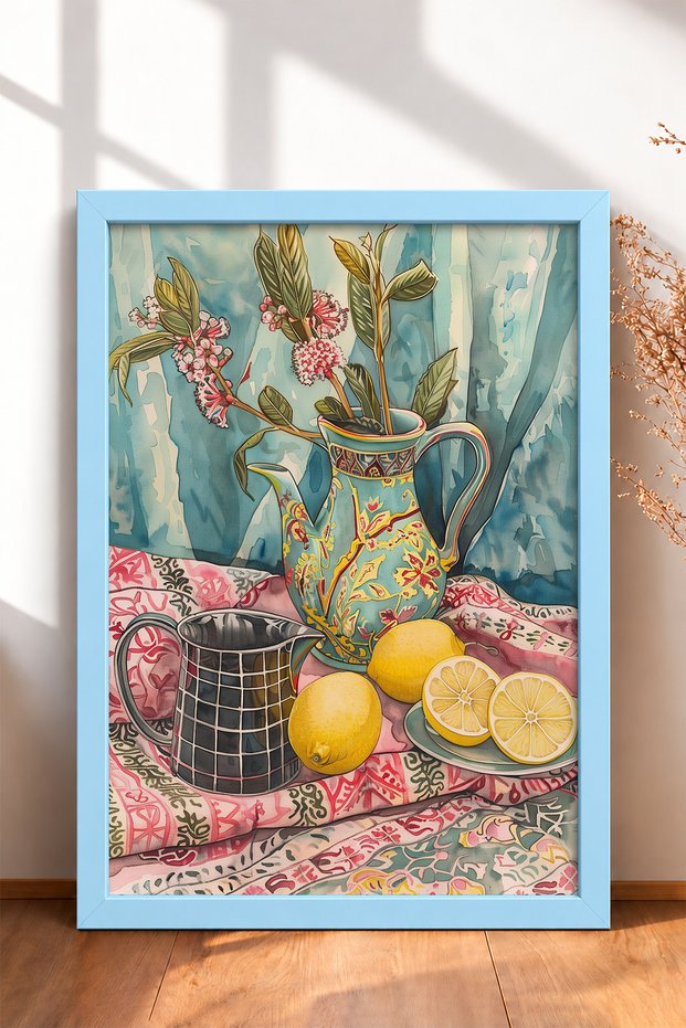 Lemons and Patterned Ceramic Jug Framed Painting, Italy Poster, Living Room, Kitchen, Wall Decor, Itp105.