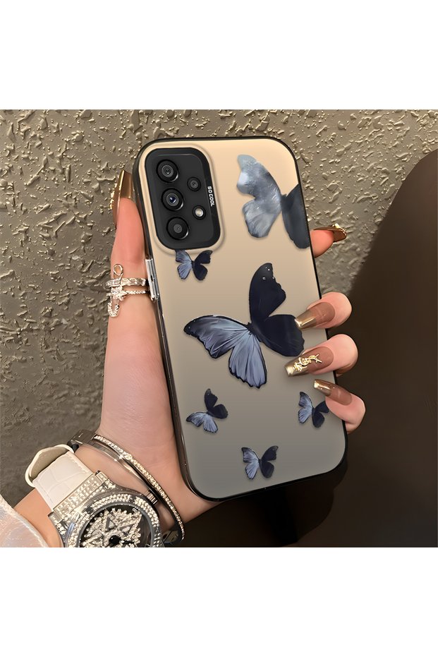 Samsung Galaxy A73 Compatible Black and Gray Butterfly-Printed Protective Case, Offering Impact Protection.