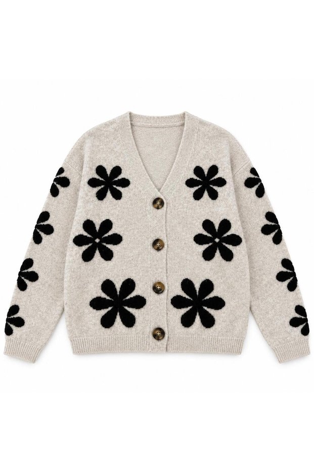 Women's Beige and Black Daisy-Patterned Knit Cardigan with Buttons.