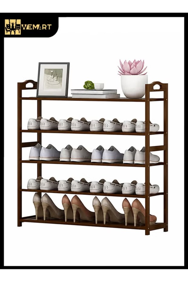 5 Tier Bamboo Shoe Rack, Wooden Shoe Organizer with Flat Shelves, 60 x 25 x 87 cm, Space Saving Brown Shoe Storage Stand for Entryway, Hallway and Bedroom