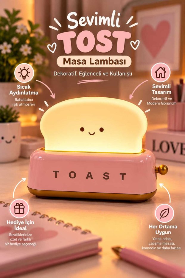 Pink, Cute Toast-Shaped Premium Table Lamp.