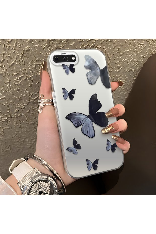 Black and Gray Butterfly-Printed Protective Case Compatible with iPhone 7 Plus/8 Plus, Offering Impact Protection.