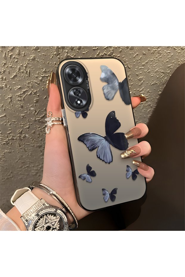 Oppo A60 Compatible Black and Gray Butterfly Print Protective Case, with Impact Protection.