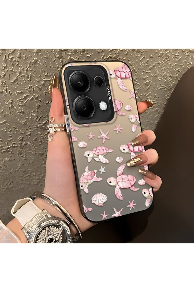 Pink Turtle and Seashell Patterned Silicone Case Compatible with Redmi Note 14S, Featuring a Cute Design.
