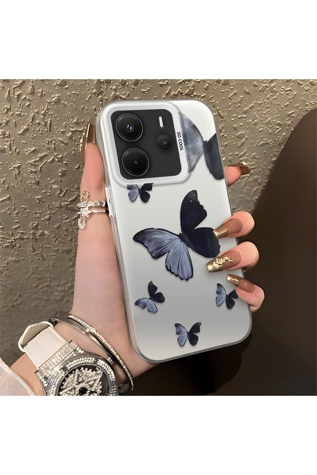 Redmi Note 14 4g Compatible Black and Gray Butterfly-Printed Protective Case, Offering Impact Protection.