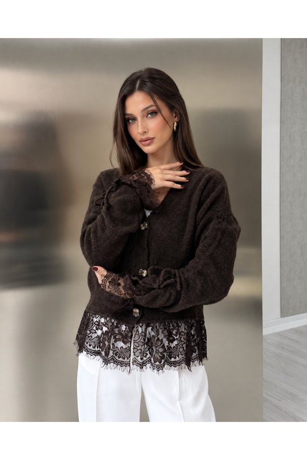 Brown Cardigan with Lace Details on Sleeves and Hem - 5320