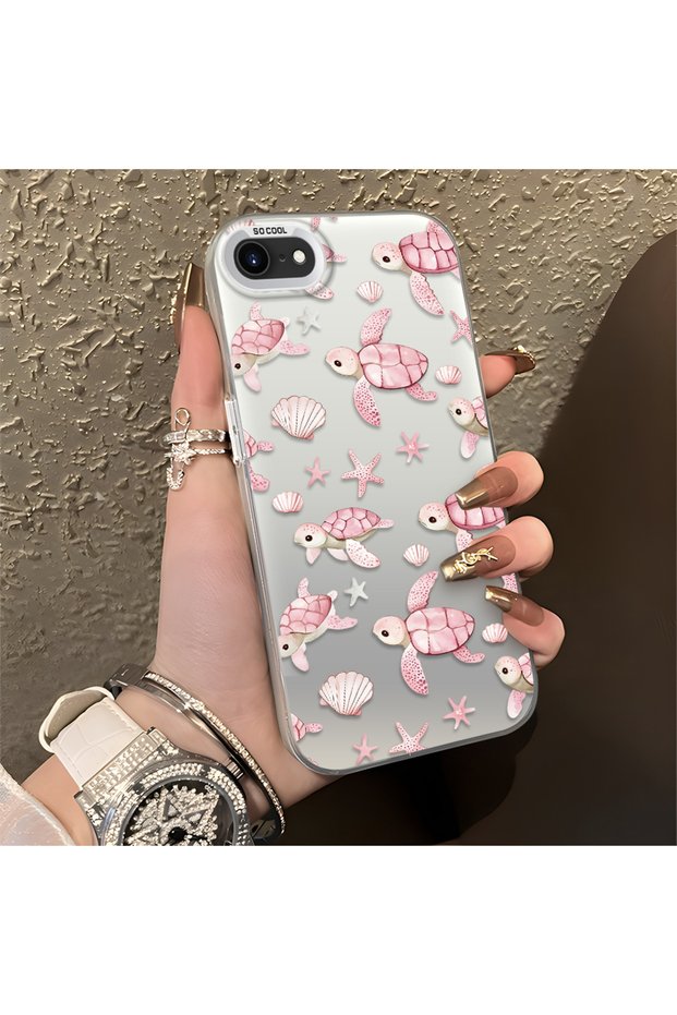 Pink Turtle and Seashell Patterned Silicone Case, Compatible with iPhone 7/8/Se 2020 2022, Featuring a Cute Design.
